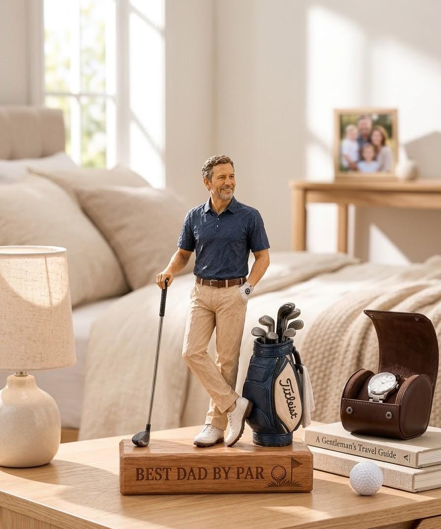 May include: A figurine of a golfer wearing a navy blue polo shirt and khaki pants, standing on a wooden base engraved with the text BEST DAD BY PAR. The figure holds a golf club next to a blue golf bag with the Titleist logo and a white towel.