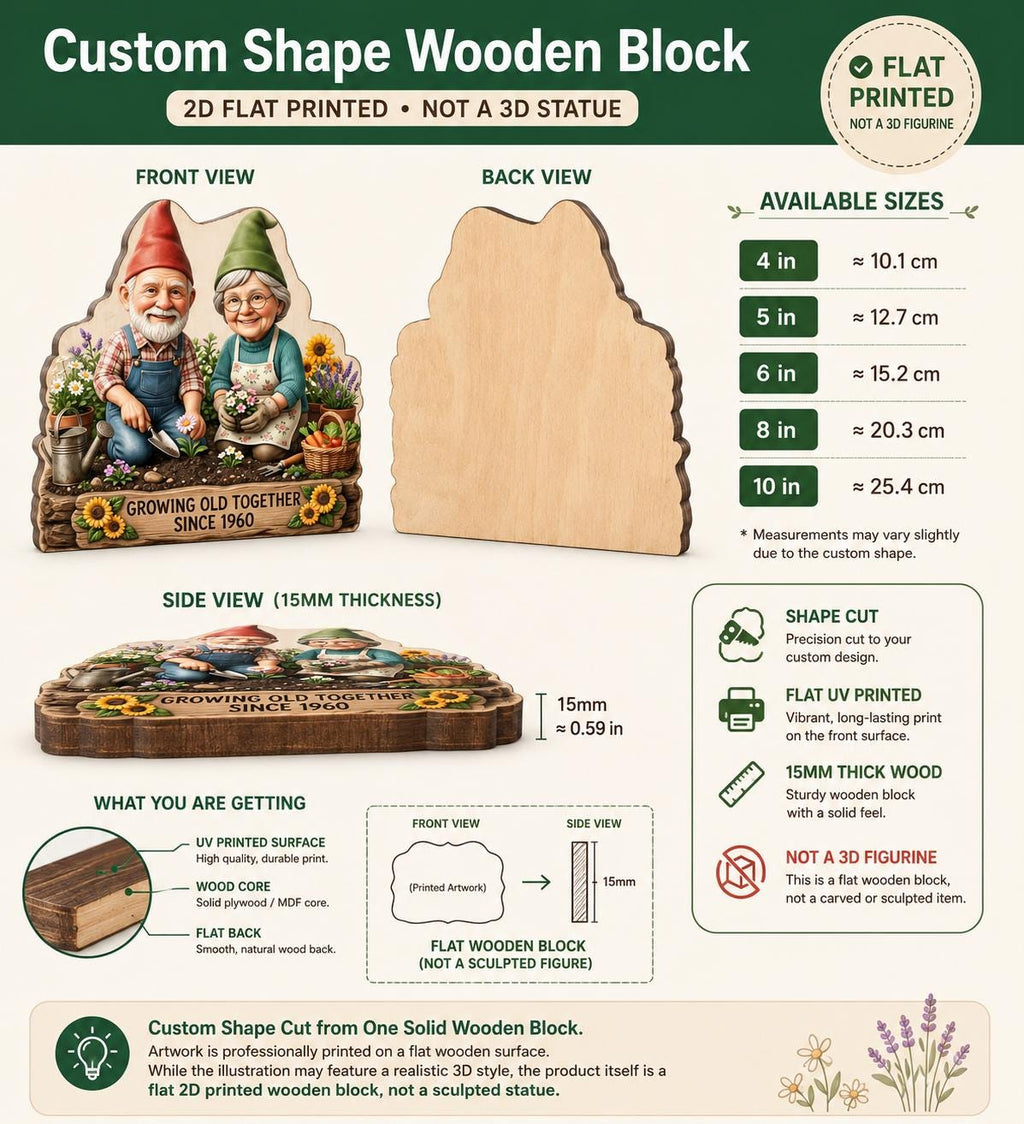 May include: A custom shape wooden block featuring a flat UV-printed illustration of two garden gnomes with the text Growing Old Together Since 1960. The block is 15mm thick, available in sizes from 4 inches to 10 inches, and has a smooth natural wood back.