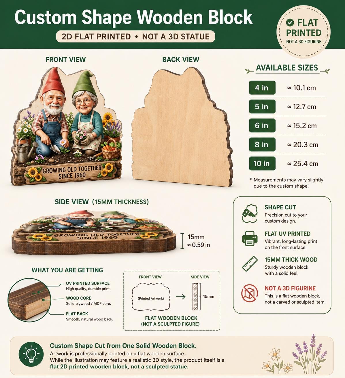 May include: A custom shape wooden block featuring a flat UV-printed illustration of two garden gnomes with the text Growing Old Together Since 1960. The block is 15mm thick, available in sizes from 4 inches to 10 inches, and has a smooth natural wood back.