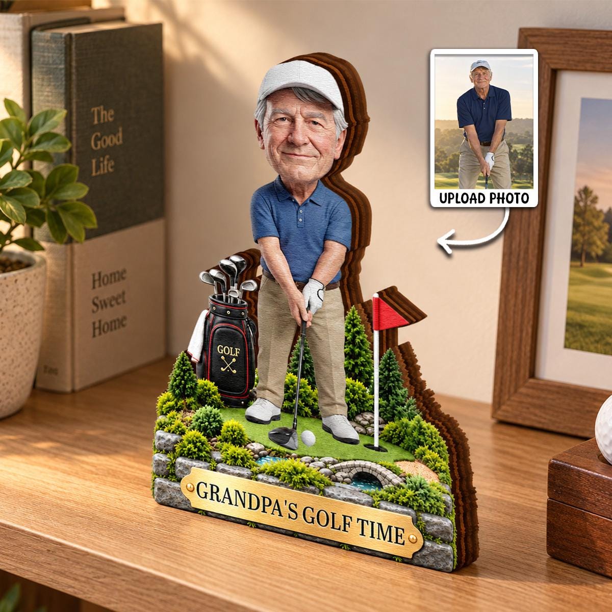 May include: A custom bobblehead figurine of an older man wearing a white cap, blue polo shirt, and khaki pants, holding a golf club on a miniature green. The base features a stone wall, a small bridge, a golf bag, and a plaque reading GRANDPA'S GOLF TIME.