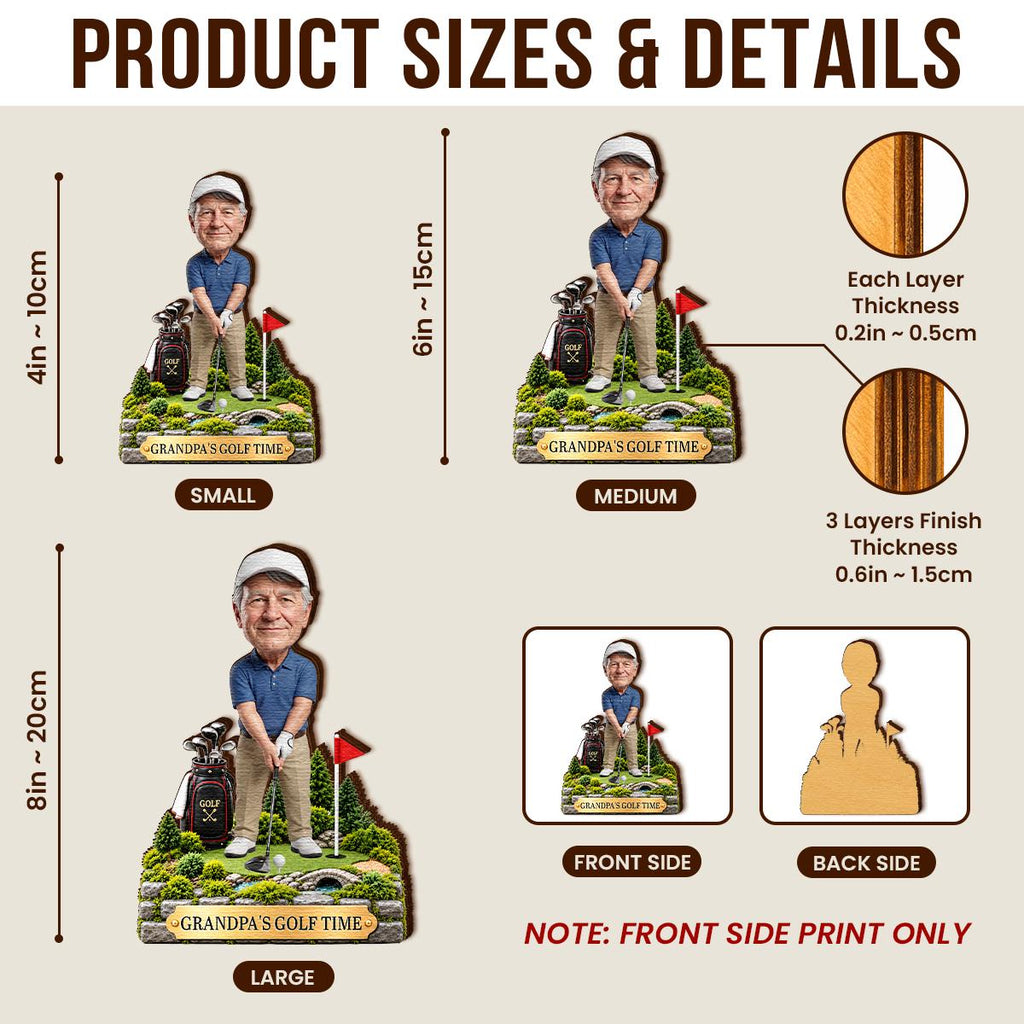 May include: A custom bobblehead figure titled Grandpa's Golf Time, featuring a golfer in a blue shirt and khaki pants. Available in small 4in, medium 6in, and large 8in sizes. Includes details on layer thickness of 0.2in to 0.5in and 0.6in to 1.5in.