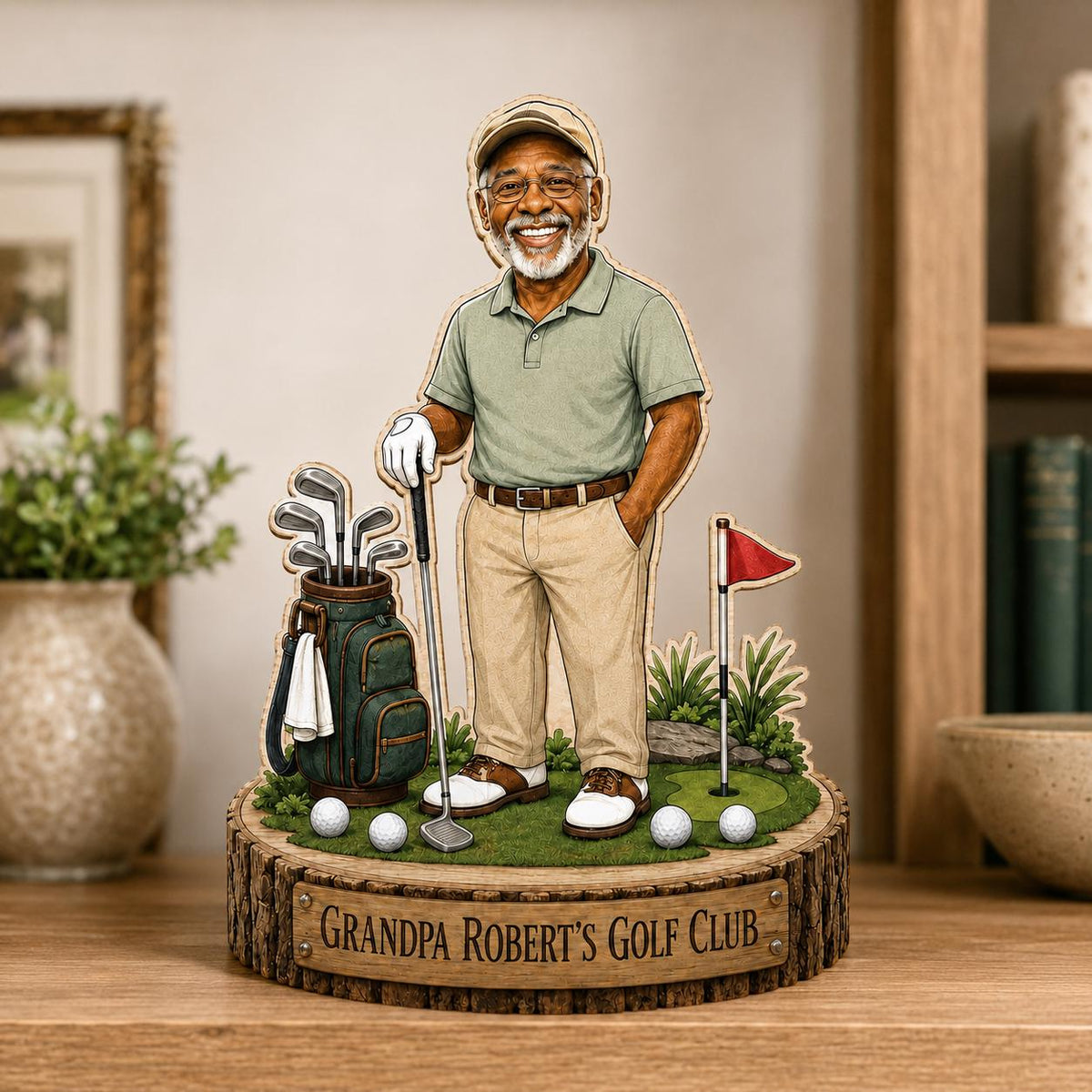 May include: A wooden tabletop display featuring a cartoon illustration of an older golfer in a green polo shirt and khaki pants. The figure stands on a green base with a golf bag, clubs, balls, and a flag. A plaque reads: GRANDPA ROBERT'S GOLF CLUB.