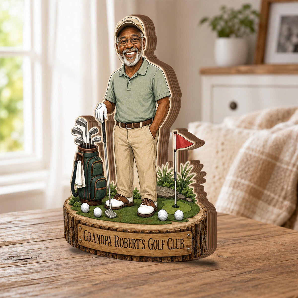 May include: A layered wooden cutout display featuring a smiling man in a light green polo shirt and khaki pants standing on a golf course. A golf bag, clubs, and a red flag are present. The base has a plaque reading "Grandpa Robert's Golf Club."