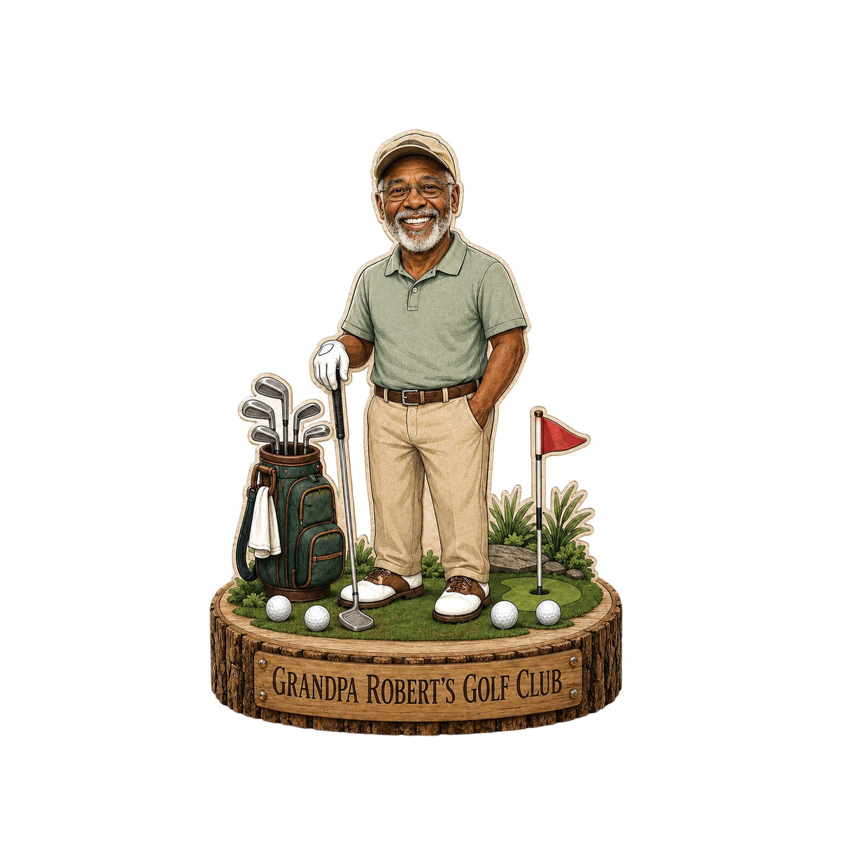 May include: A decorative figurine featuring an older man with a beard wearing a green polo shirt, tan trousers, and a cap. He stands on a circular base labeled "GRANDPA ROBERT'S GOLF CLUB" next to a green golf bag, clubs, a red flag, and golf balls.