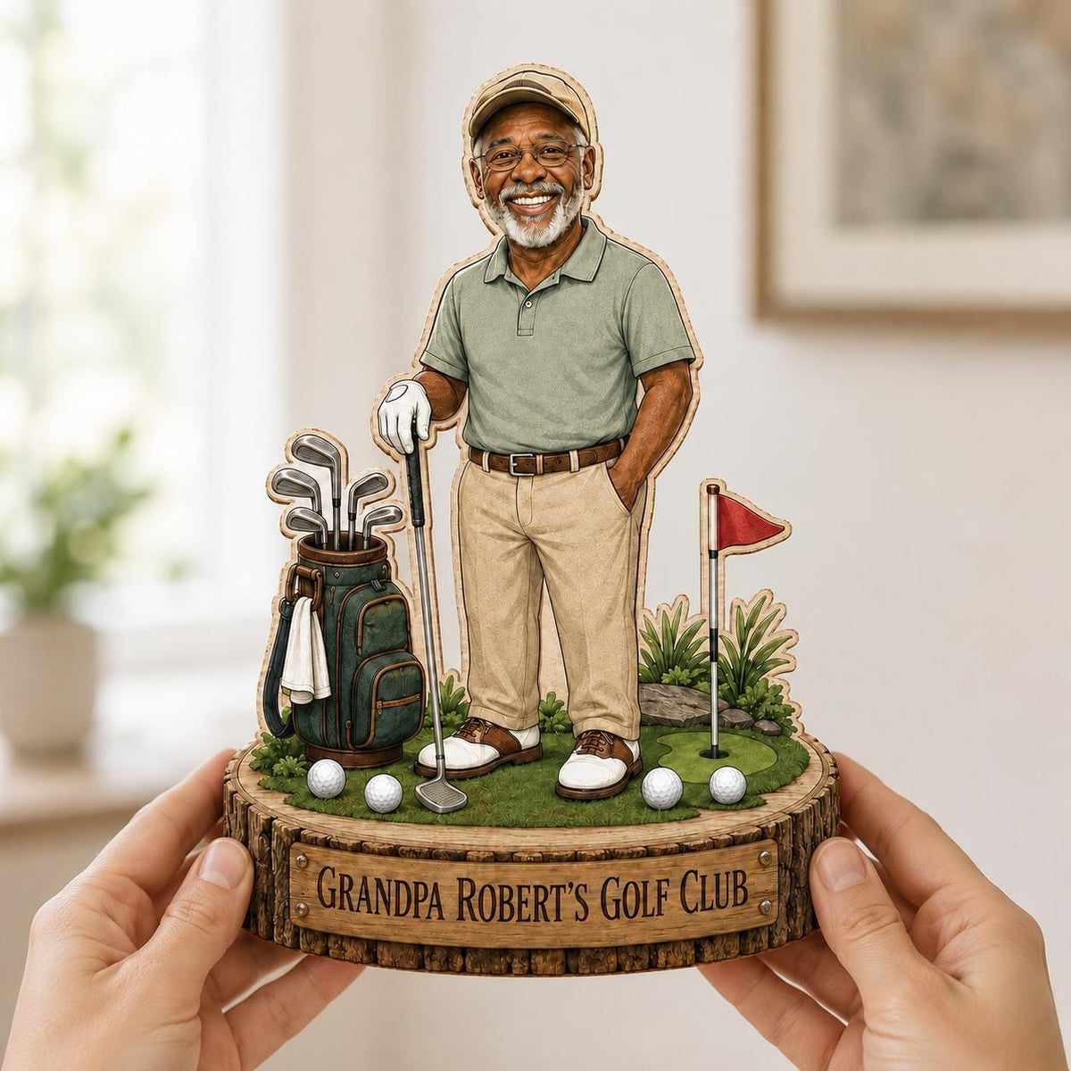 May include: A wooden tabletop display featuring a cartoon illustration of a smiling golfer in a green polo shirt and tan trousers. The base is a wood-textured cylinder with a plaque reading GRANDPA ROBERT'S GOLF CLUB, a golf bag, and a flag.