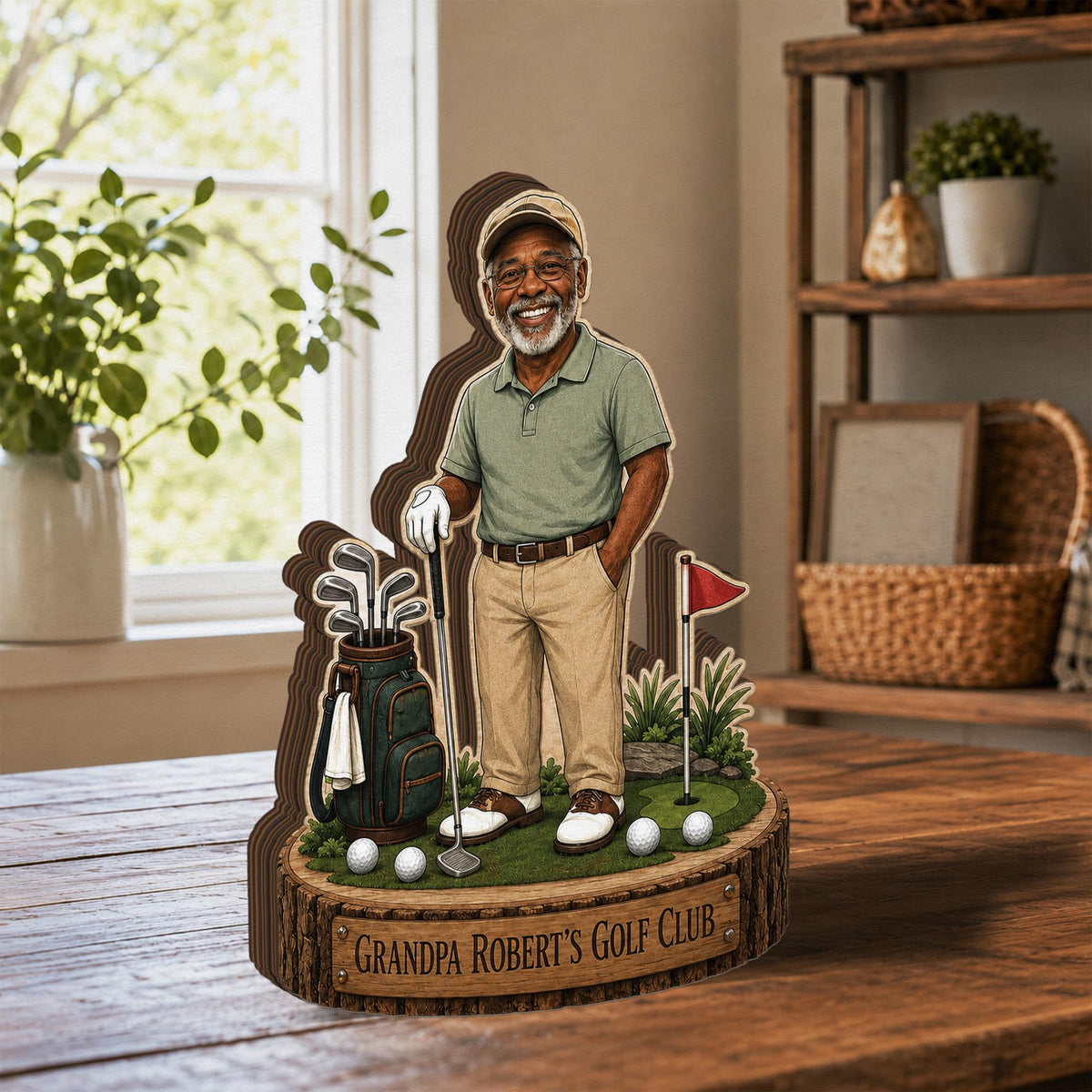 May include: A layered wooden cutout display featuring a smiling older person wearing a green polo shirt, tan trousers, and a cap, standing on a green base with a golf bag, clubs, and a flag. The base has a plaque reading GRANDPA ROBERT'S GOLF CLUB.