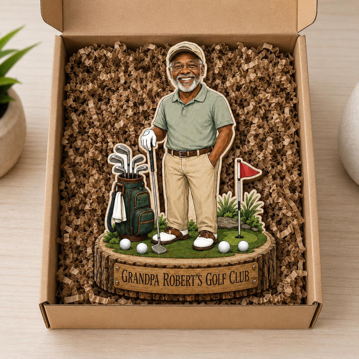 May include: A decorative wooden display featuring a cartoon-style older golfer in a light green polo and khaki pants, standing next to a golf bag and a flag on a green base. The base has a plaque that reads GRANDPA ROBERT'S GOLF CLUB.