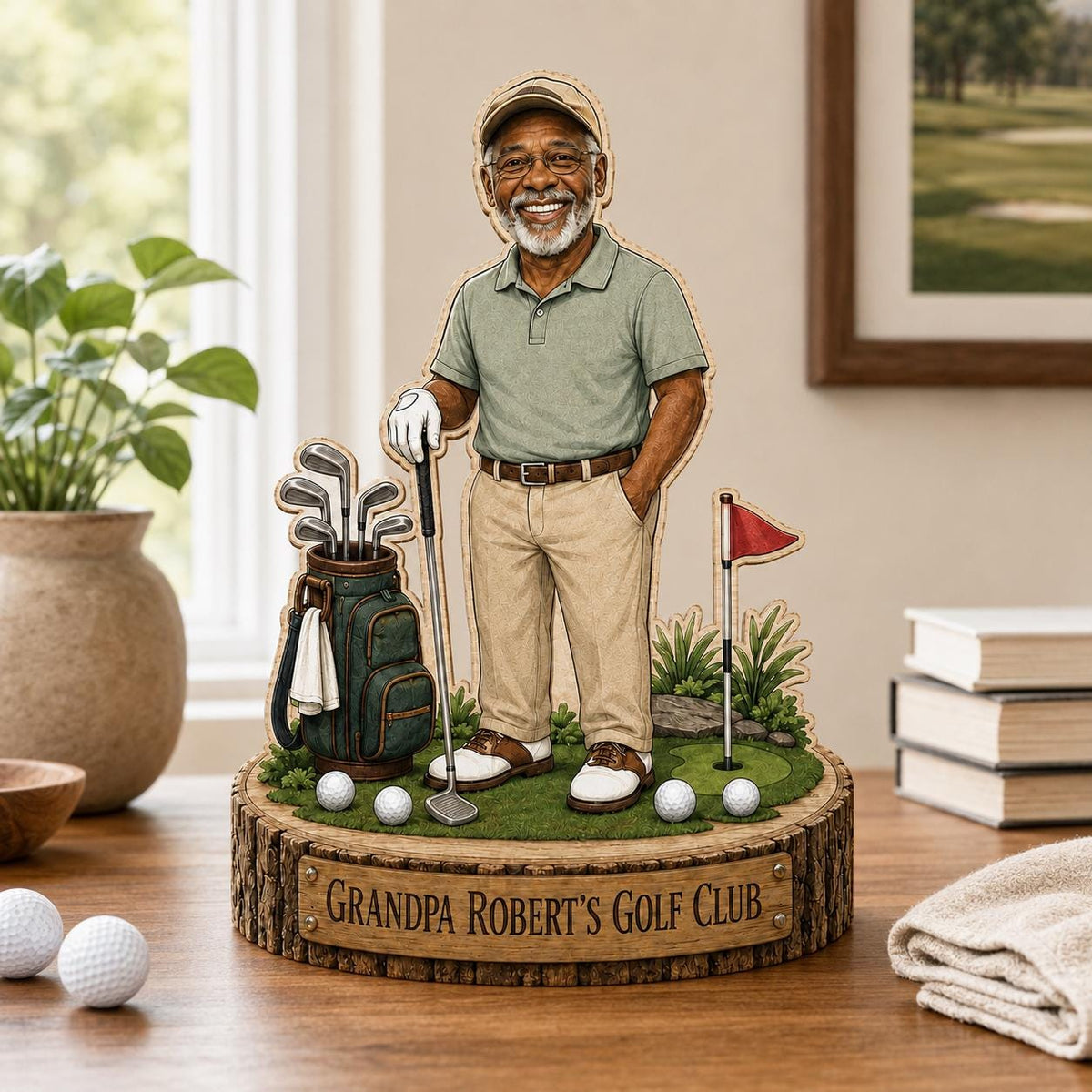 May include: A wooden tabletop display featuring a cartoon illustration of an older golfer wearing a green polo shirt, tan trousers, and a cap. The base is a wood-textured cylinder with a plaque reading "GRANDPA ROBERT'S GOLF CLUB" and a golf bag.