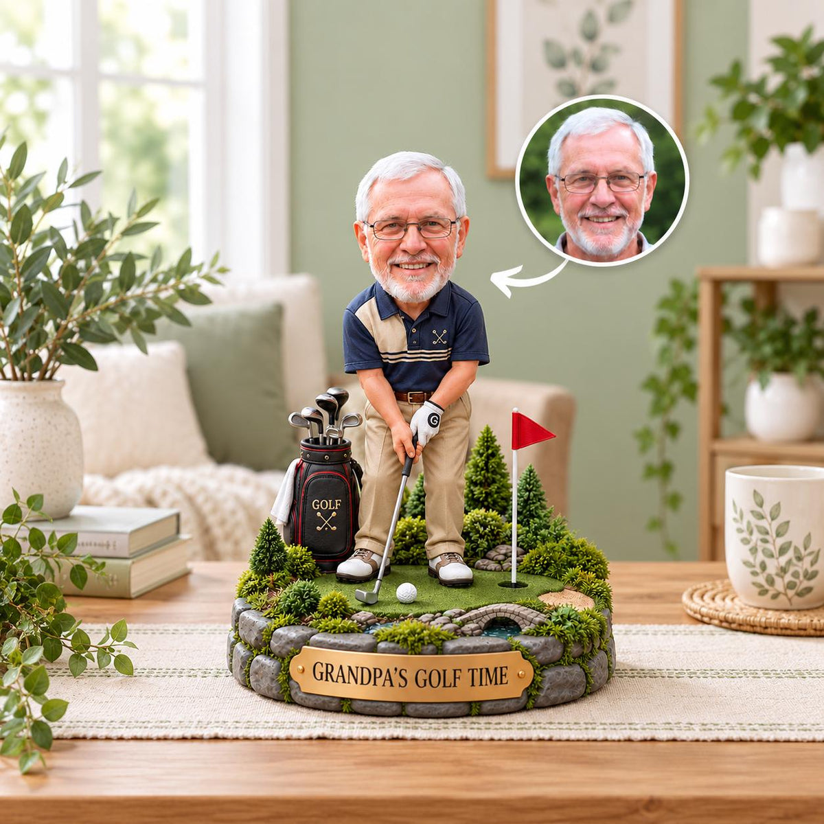 May include: A custom bobblehead figurine of an older man with glasses wearing a navy and tan polo shirt and khaki pants, holding a golf club on a miniature green. The base features a stone-textured border with a plaque reading GRANDPA'S GOLF TIME.