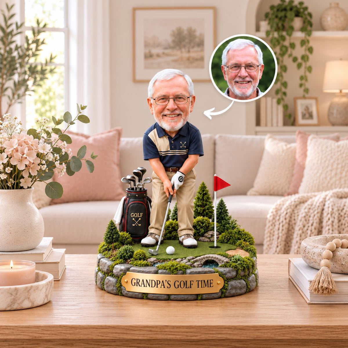 May include: A custom bobblehead figurine of an older man with glasses wearing a navy and tan polo shirt and khaki pants, standing on a golf course base with a golf bag, club, and ball. A gold plaque on the front reads GRANDPA'S GOLF TIME.