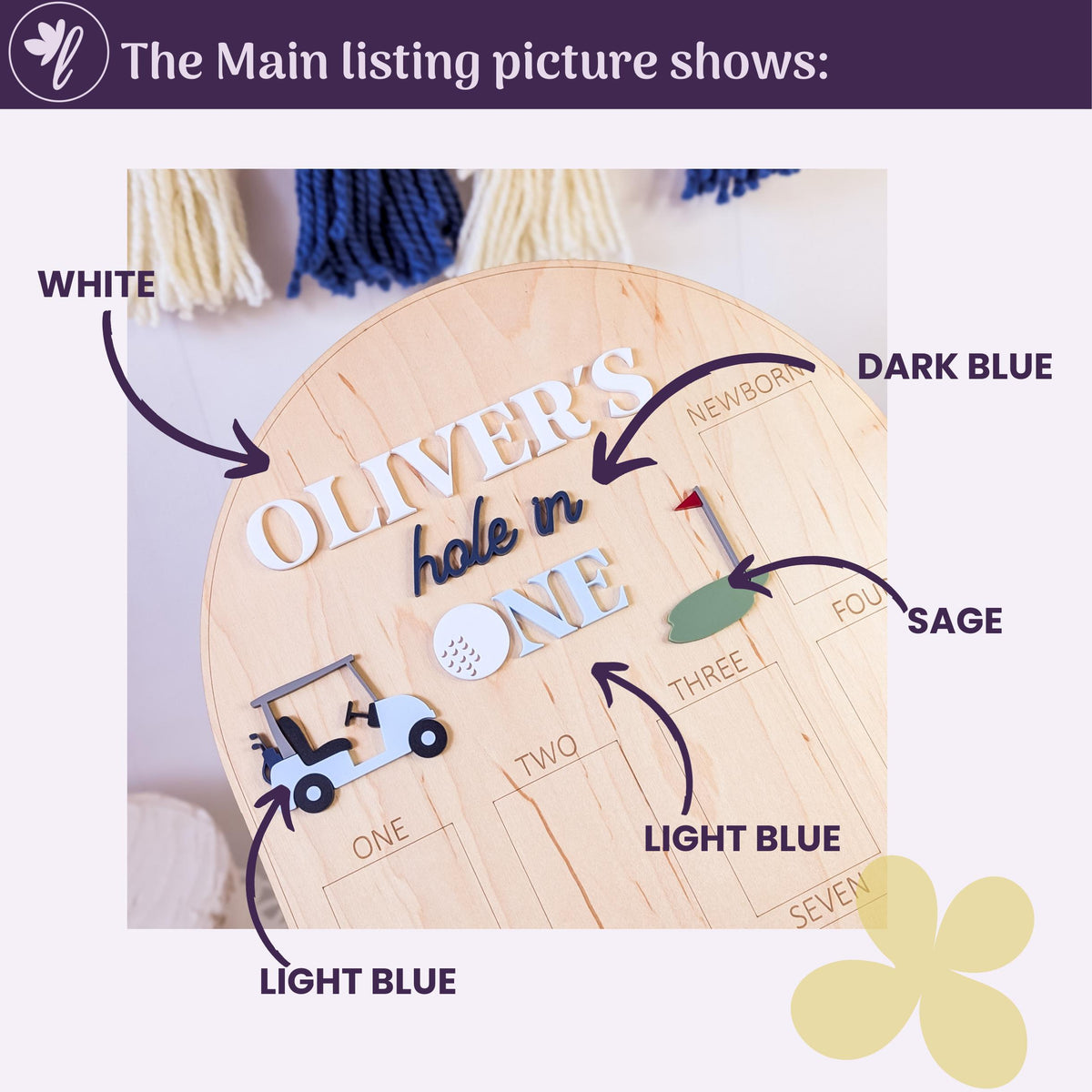 May include: A wooden golf-themed sign with the name "OLIVER'S" and the phrase "hole n ONE" in white and dark blue lettering. Includes a light blue golf cart, a golf ball, and a sage green golf course element. The sign is designed for a newborn.