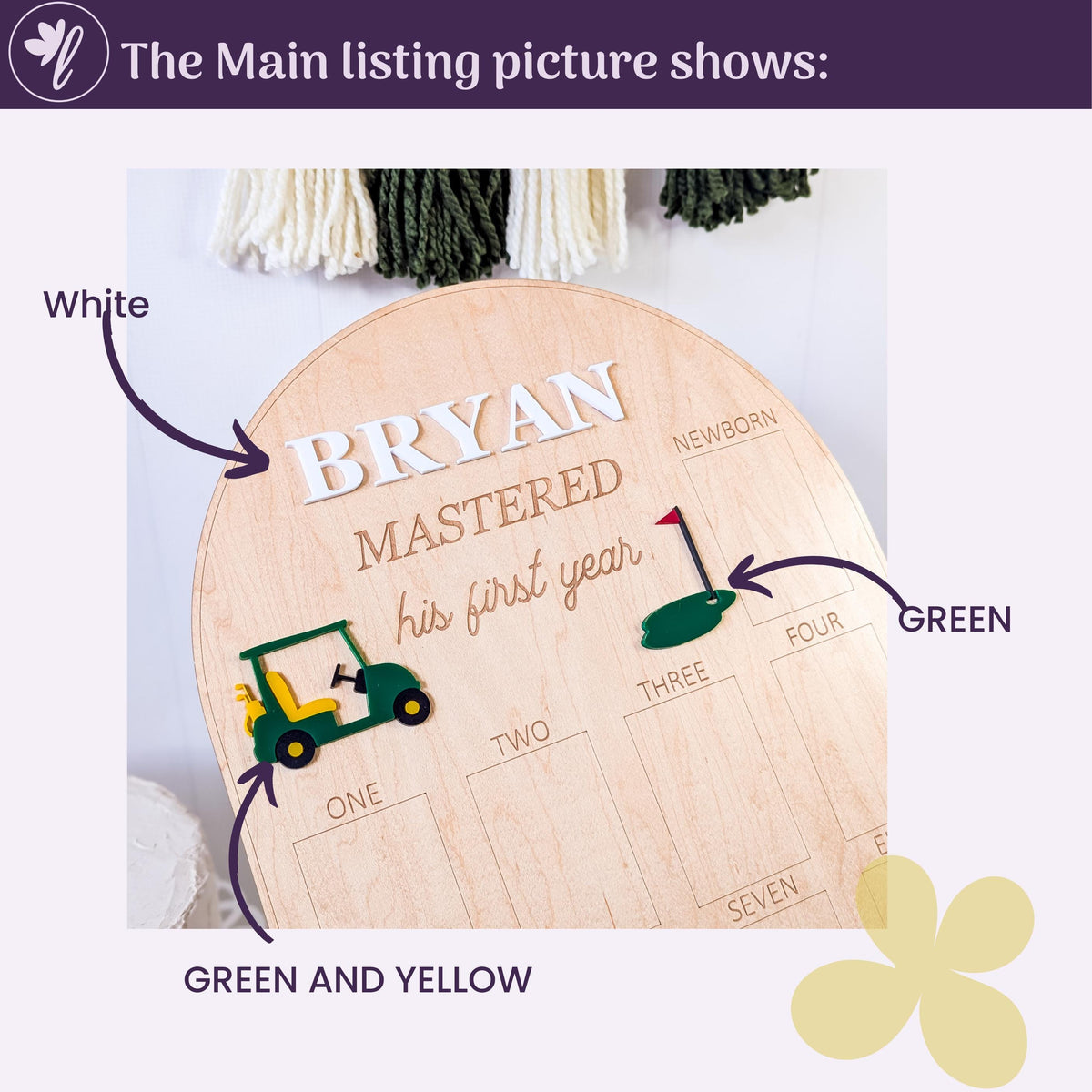 May include: A wooden milestone board with the name "BRYAN" in white letters. The board features a golf cart, a golf flag, and the phrase "MASTERED his first year." Numbers one through seven are displayed.