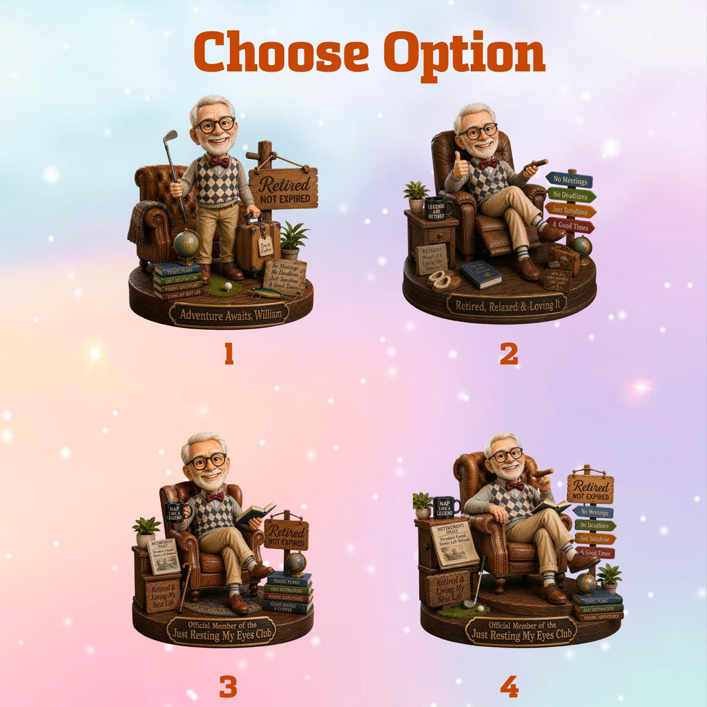 May include: Four distinct figurines of a gray-haired man with glasses wearing a sweater vest, seated or standing in a brown armchair. Each scene includes miniature accessories like books, signs with text like Retired Not Expired, and globes.