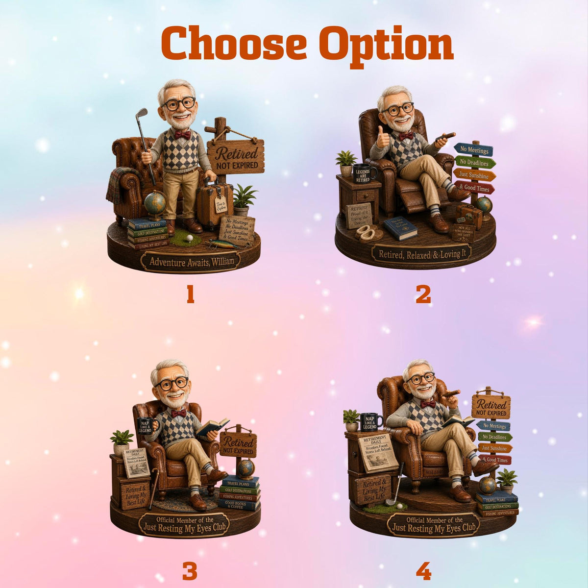 May include: Four distinct figurines of a gray-haired man with glasses wearing a sweater vest, seated or standing in a brown armchair. Each scene includes miniature accessories like books, signs with text like Retired Not Expired, and globes.