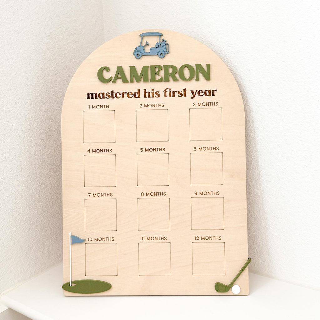 Personalized Wood Golf First Birthday Milestone Board:  12 Month Photo Display, Birthday Party Decor