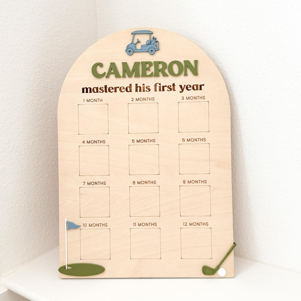 Personalized Wood Golf First Birthday Milestone Board:  12 Month Photo Display, Birthday Party Decor