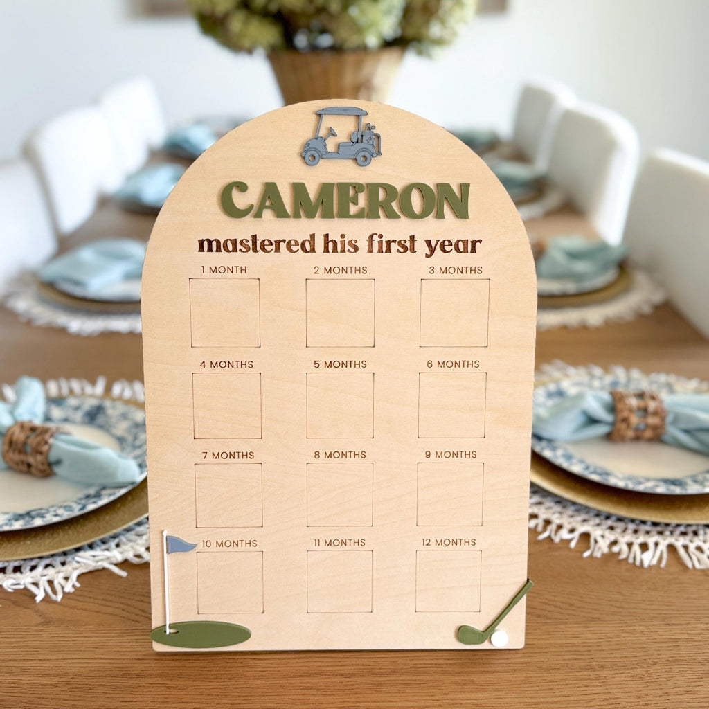 Personalized Wood Golf First Birthday Milestone Board:  12 Month Photo Display, Birthday Party Decor