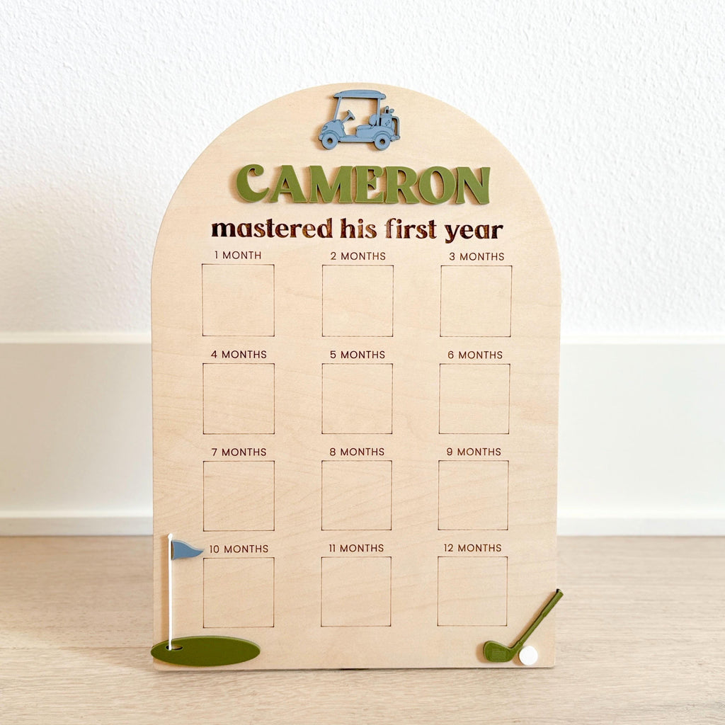 Personalized Wood Golf First Birthday Milestone Board:  12 Month Photo Display, Birthday Party Decor