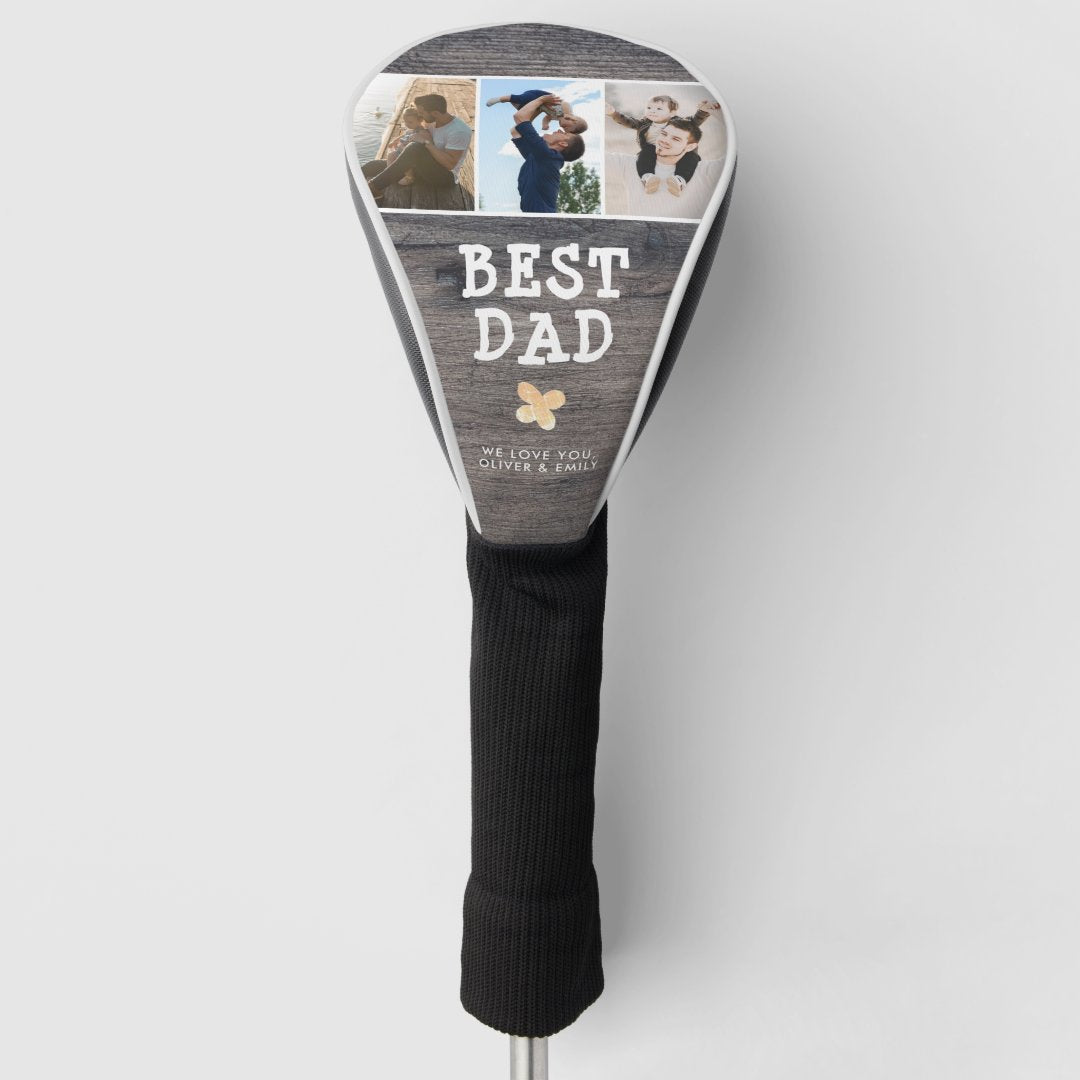Rustic Wood Best Dad 3 Photo Collage Keepsake Golf Head Cover