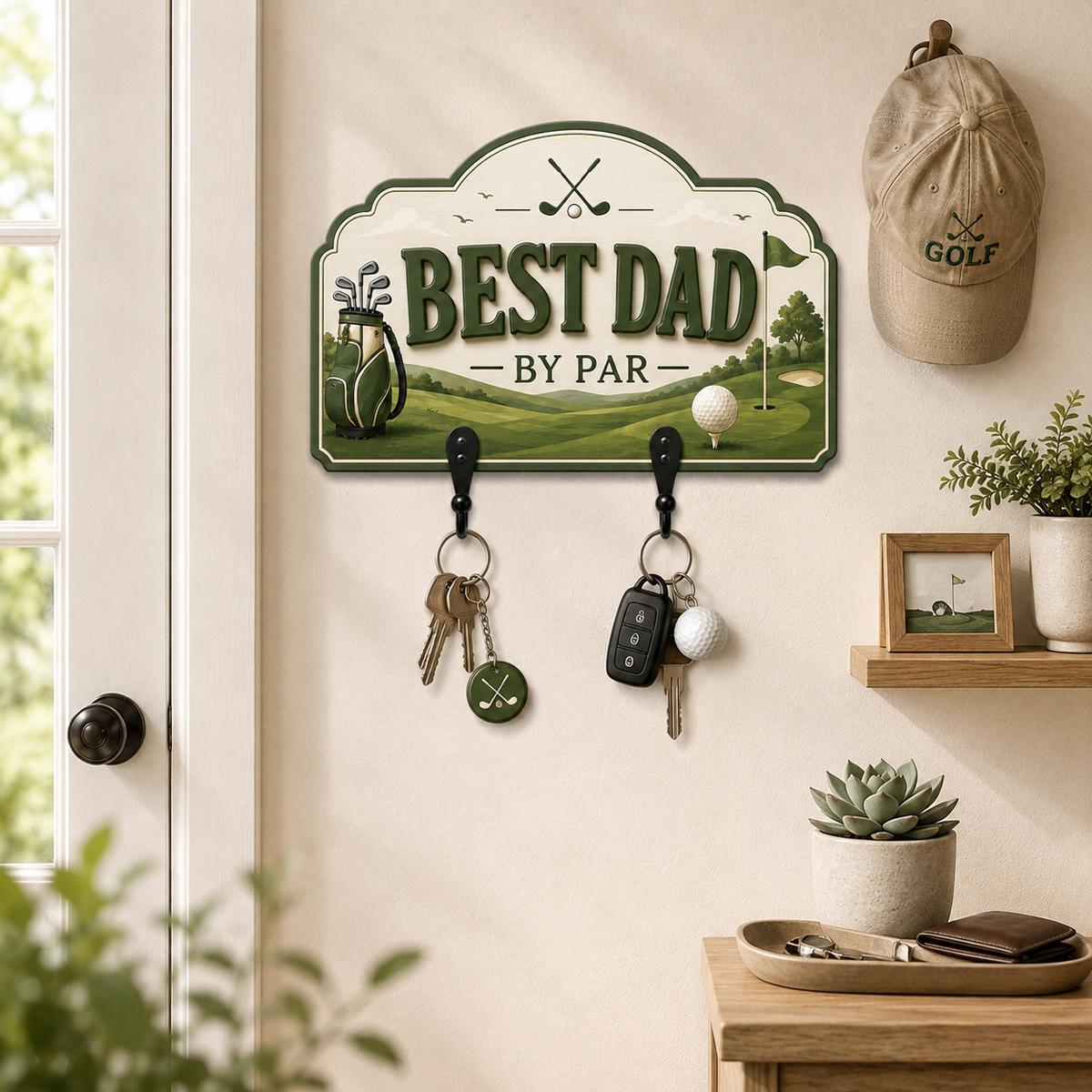 May include: A wall-mounted wooden key holder with a golf theme, featuring the text BEST DAD BY PAR. The design includes a golf bag, a golf ball, and a flag on a green course. Two black metal hooks hold sets of keys, including a golf-themed keychain.