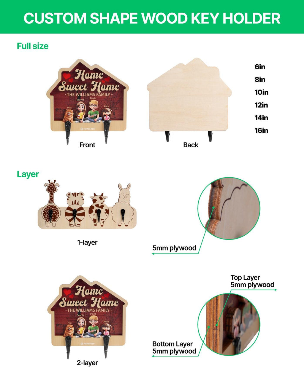 May include: A custom shape wood key holder featuring a house-shaped design with the text Home Sweet Home and The Williams Family. It shows front and back views, available in 6in to 16in sizes, with 1-layer or 2-layer options made of 5mm plywood.