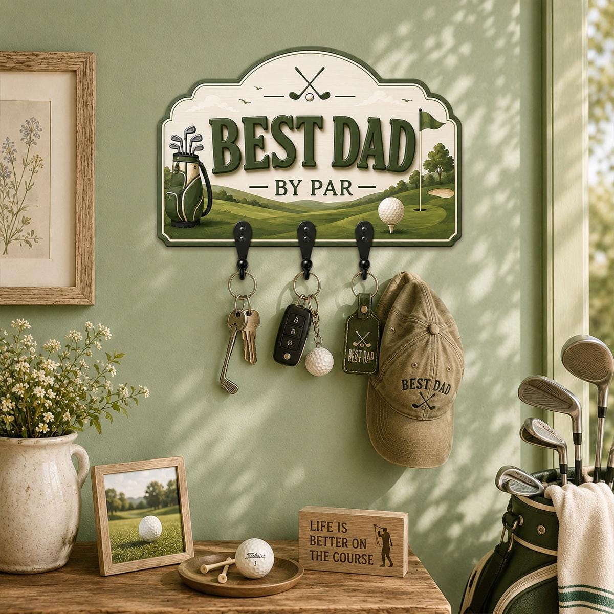 May include: A wall-mounted wooden key holder with a golf course illustration and the text BEST DAD BY PAR. It features three black metal hooks holding various keys, a key fob, and a tan baseball cap with the text BEST DAD and golf clubs.